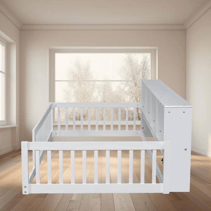 Twin XL Size Floor Bed with Built-in Storage Cabinets, USB Ports, and Charging Station, Perfect for Kids and Small Rooms - White - Twin