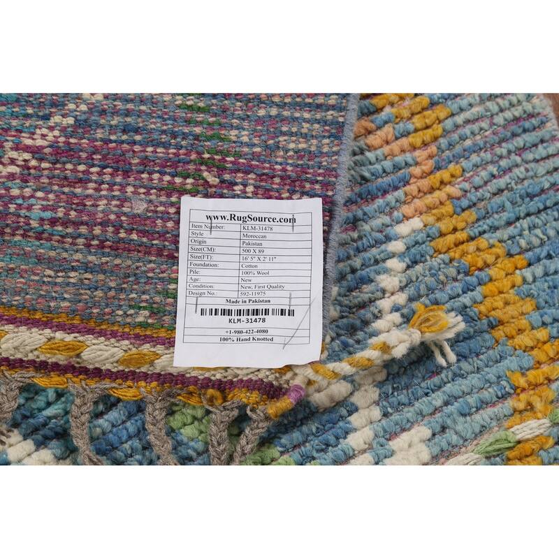 Blue Moroccan Oriental Runner Rug Hand-Knotted Wool Carpet - 2'11"x 16'5"