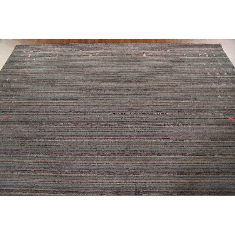 Striped Gabbeh Area Rug Hand-Knotted Indian Wool Carpet - 8'9"x 11'8"