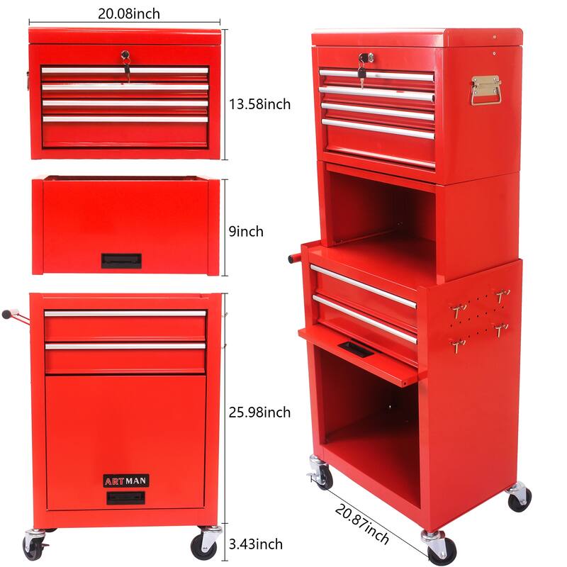 Rolling Tool Chest With 4 Wheels 6 Drawers Bottom Cabinet Large Capacity Tool Storage Cabinet