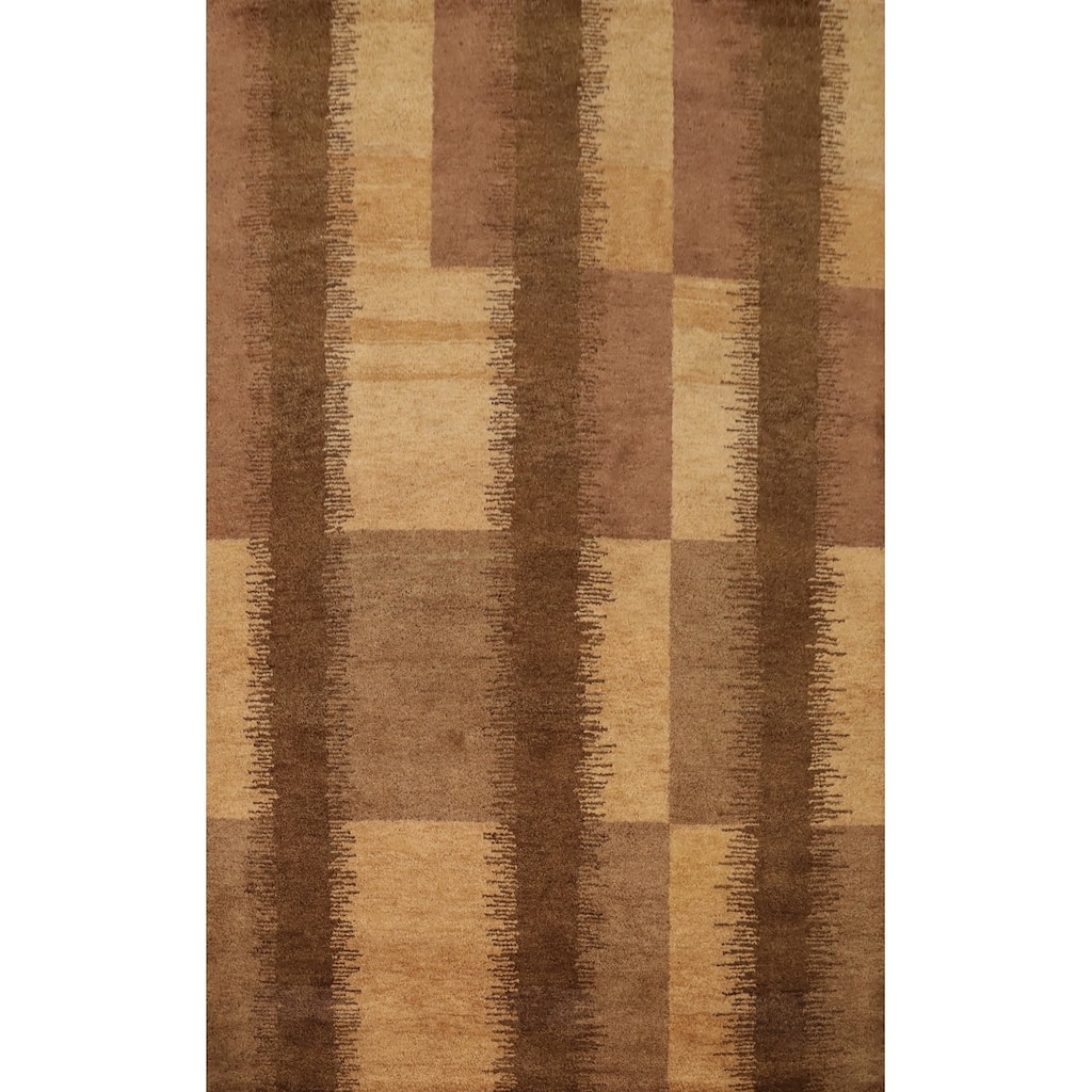 Hand Knotted Oriental 100% Wool Carpet Modern Geometric Brown Gabbeh Area Rug - 7' 11'' X 5' 8''