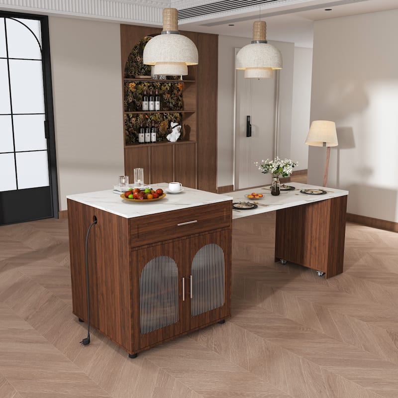 80" Expandable Kitchen Island with Dining Table with Marble-Grain Countertop with Power Outlet