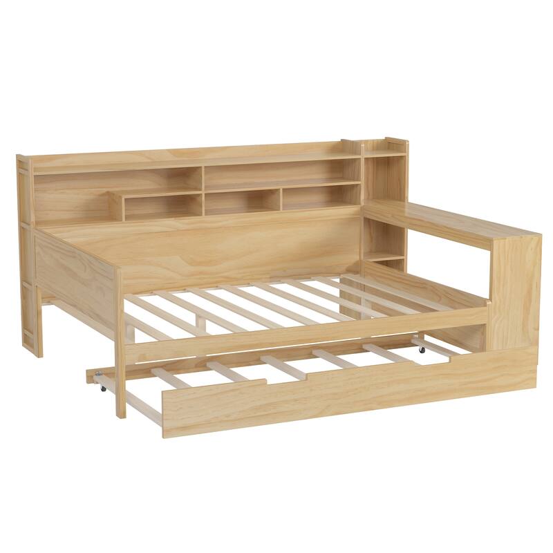 Multi-Functional Full Size Daybed with Study Desk & Storage Shelves, Includes Twin Trundle Bed, Natural Wood