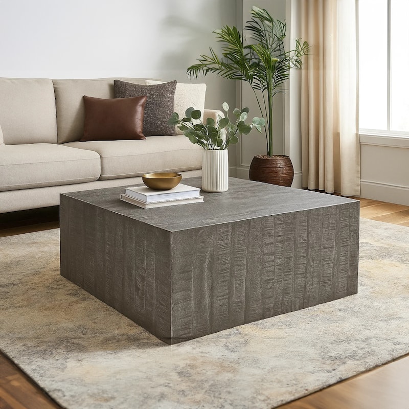 Rydan Coffee Table 33 Inch Square Block Top Sandblasted Gray Mango Wood - Gray