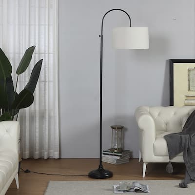 Brightech Nora 68 in. Classic Black Mid-Century Modern Height Adjustable LED Floor Lamp with White Fabric Drum Shade