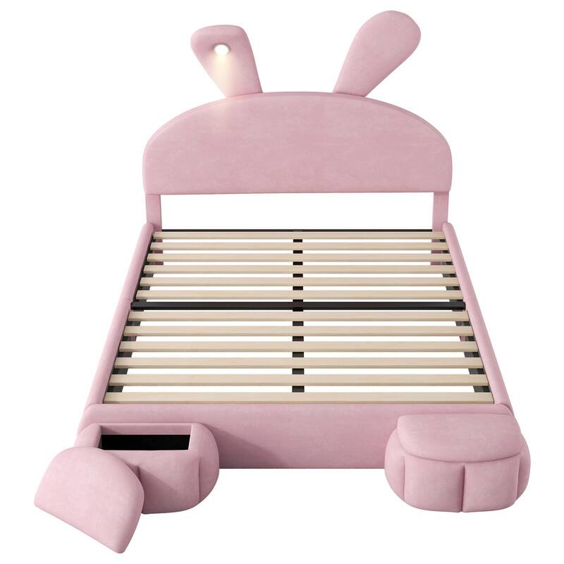 Twin/Full Size Upholstered Platform Bed with Cartoon Ears Shaped Headboard & Light, Cute Kids Bed Frame w/2 Small Storage Stools