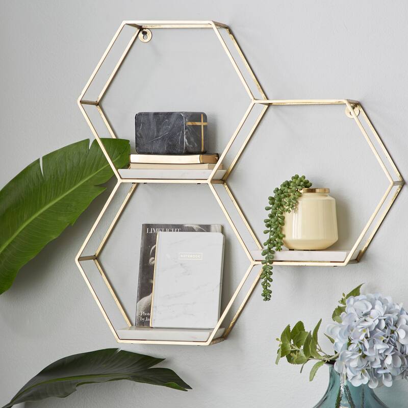 Geometric Metal Hexagon Wall Shelf with 3 Marble Shelves - Gold or Silver - 24 x 6 x 24 - Gold