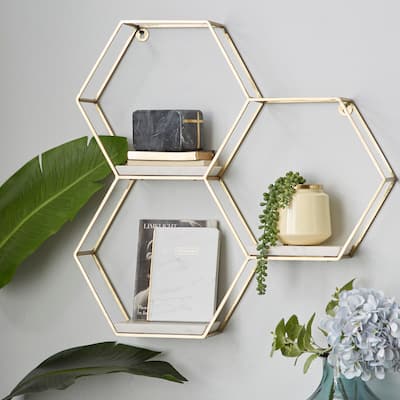 Geometric Metal Hexagon Wall Shelf with 3 Marble Shelves - Gold or Silver - 24 x 6 x 24