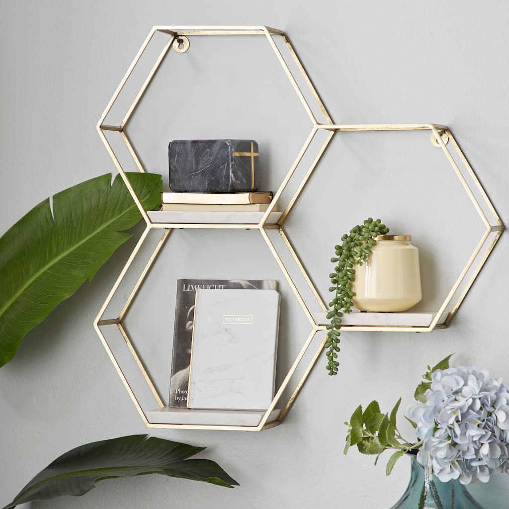Geometric Metal Hexagon Wall Shelf with 3 Marble Shelves - Gold or Silver - 24 x 6 x 24