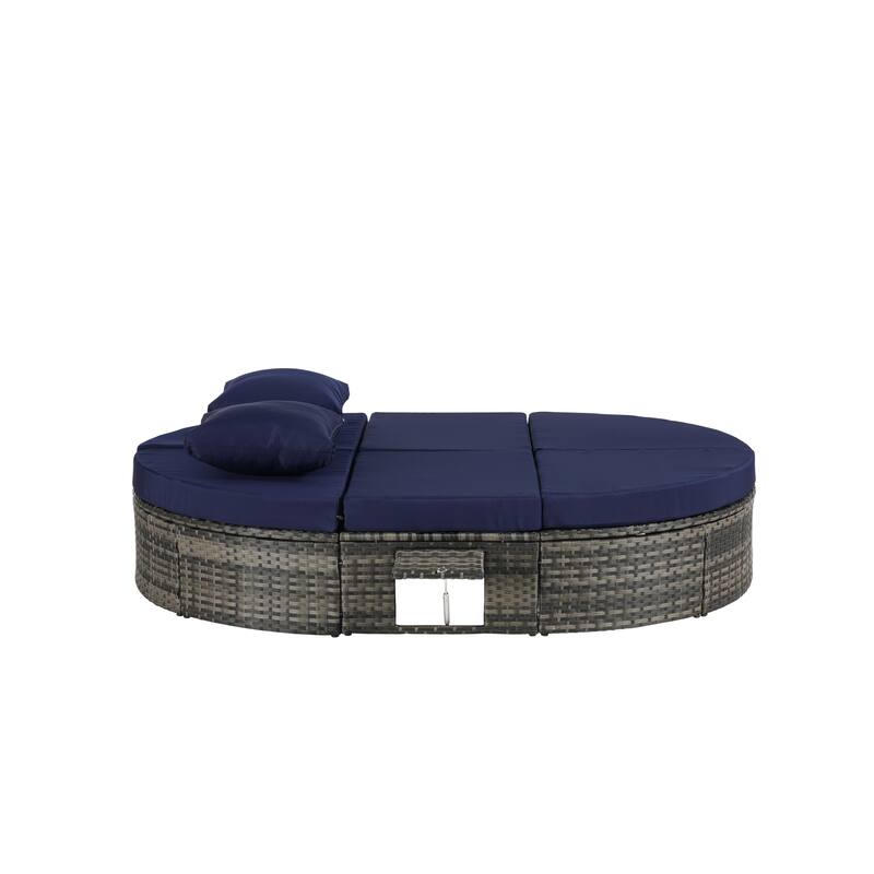 Outdoor Patio Rattan Round Daybed Sunbed with Adjustable Backrests and Foldable Cup Trays