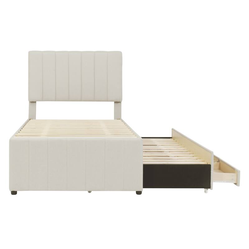 Upholstered Platform Bed Captain Bed with Trundle and 3 Drawers, Vertical Striped Linen Headboard and Footboard Slats Support