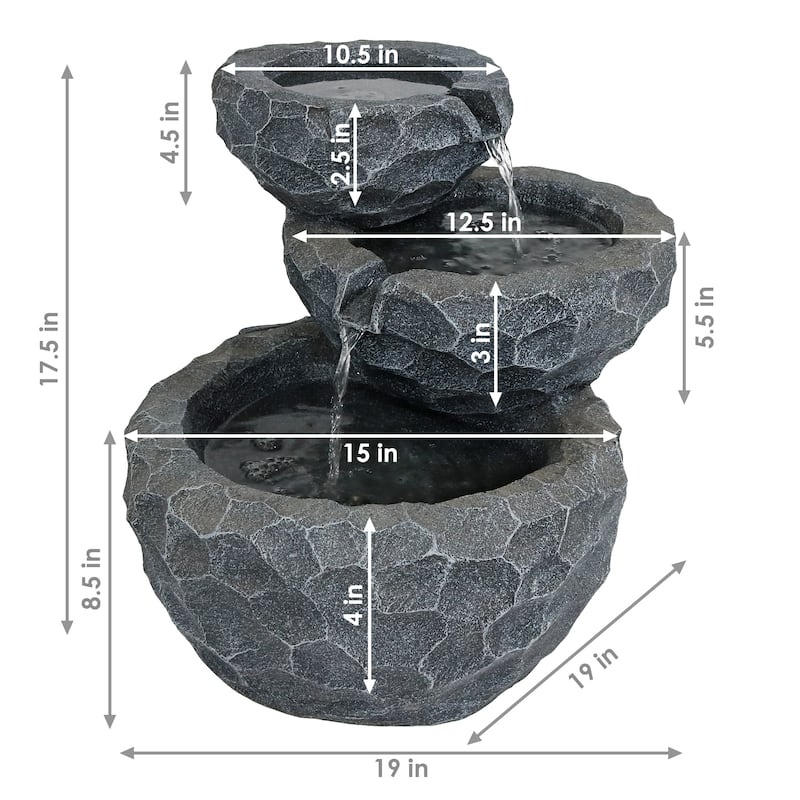 3-Tier Chiseled Basin Solar Outdoor Water Fountain with Battery - 17"