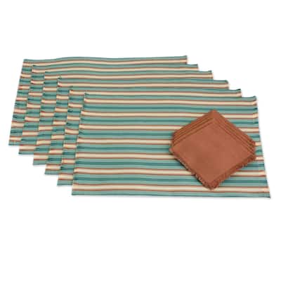Cotton placemats and napkins, 'Celadon Trails' (set of 6)