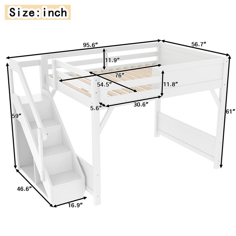 Full Size Loft Bed with Built-in Wardrobe and Storage Space, Solid Wood Loft Bed with Beside Shelves