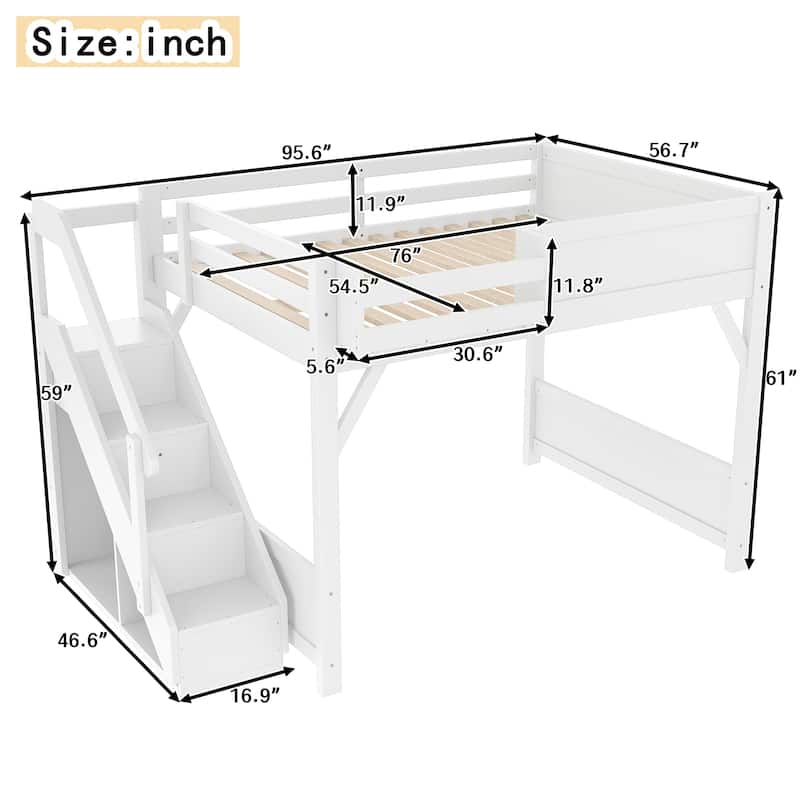 Full/Twin Loft Bed with Built-in Wardrobe, Storage & Stairs - Solid Wood, Full-Length Guardrails, No Box Spring