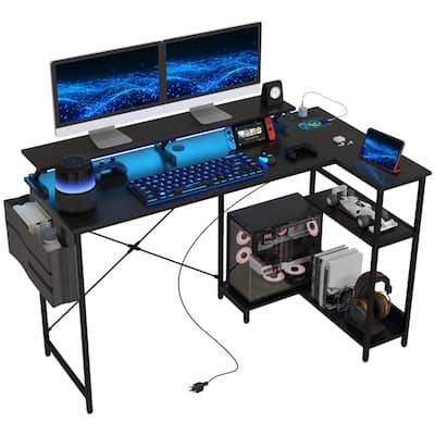 L Shaped Gaming Desk with RGB LED Lights Power Outlets USB Charging Ports Monitor Stand and Storage Shelves Reversible