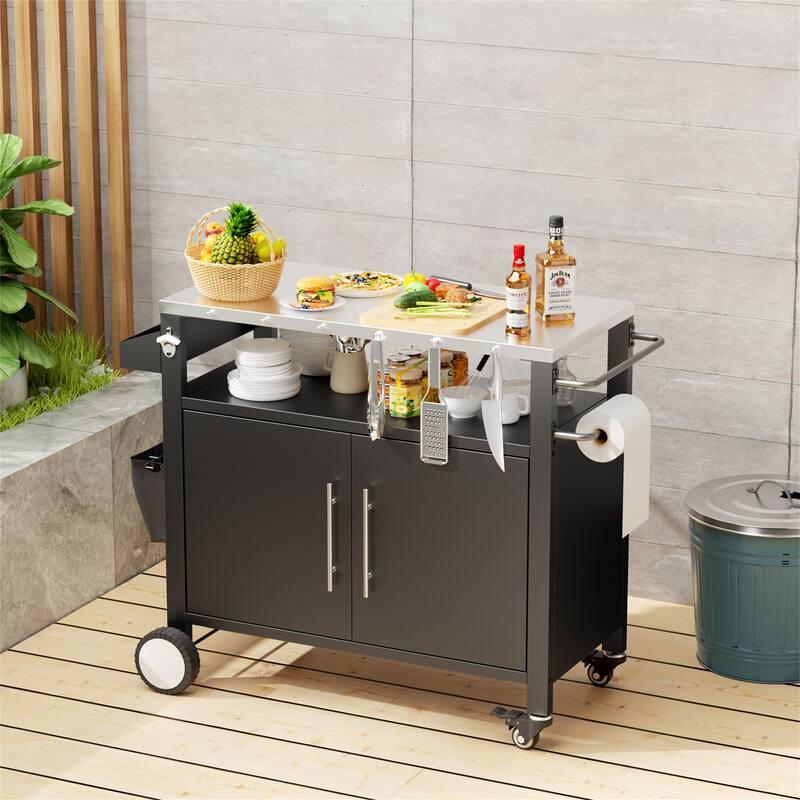 Outdoor Grill Cart with 2-Door Storage & Spice Rack - Black+Silver
