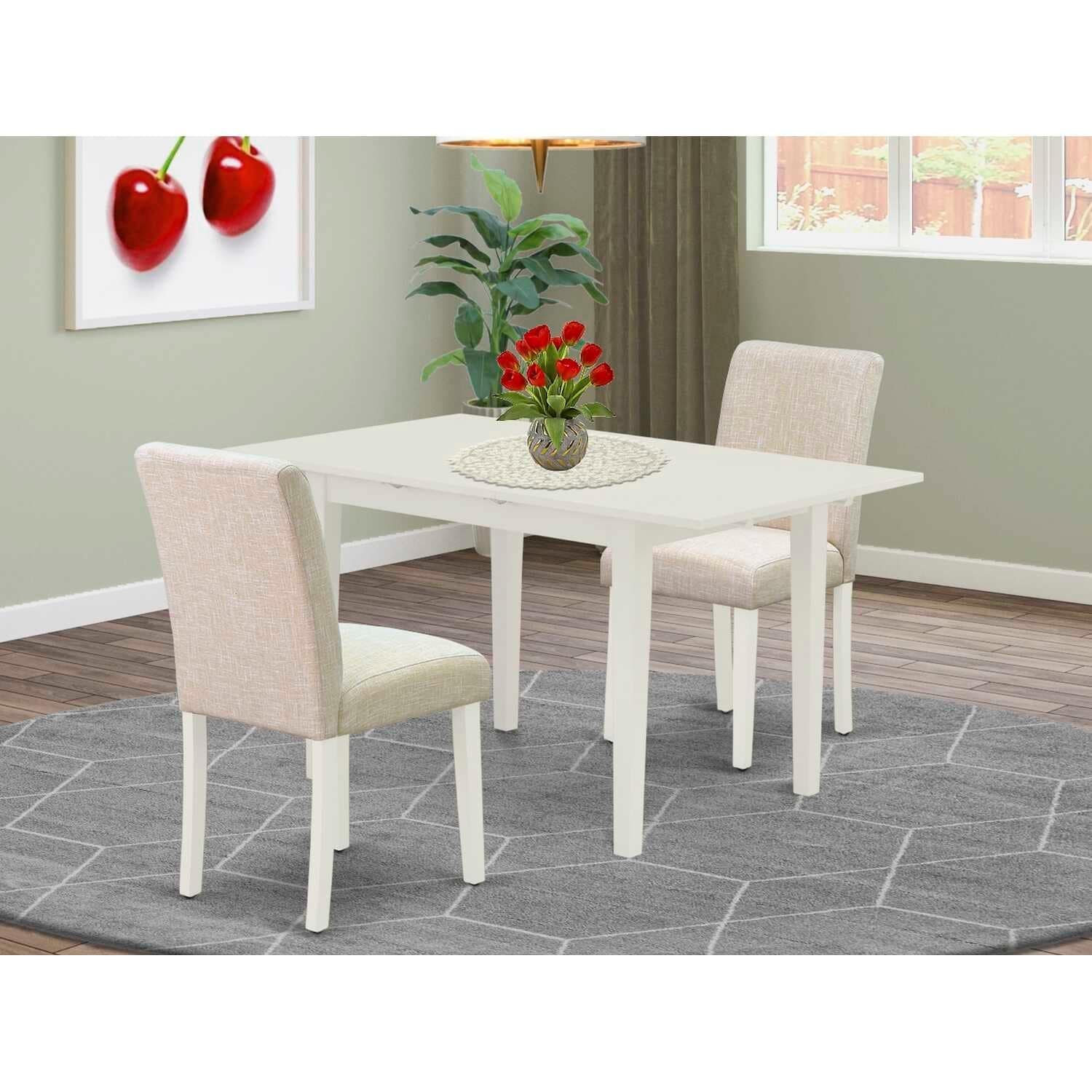 HomeStock 3-Piece Linen White Finish Rectangular Solid Wood Top with Butterfly Leaf Dining Table Set