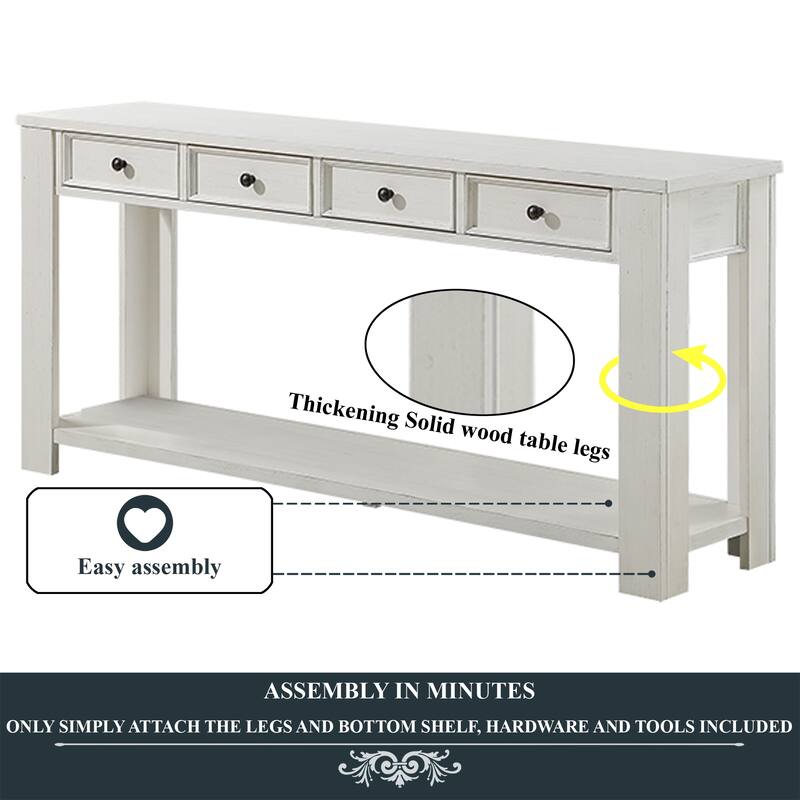 Pine Wood Console Table with 4 Drawers and Bottom Shelf for Entryway Hallway