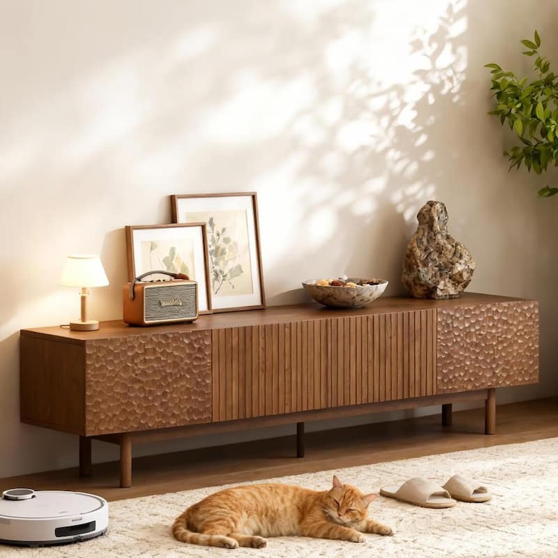 86.6'' Modern Wood TV Stand with Textured Doors & Storage, Media Console for Living Room & Bedroom, Fits TVs up to 90''