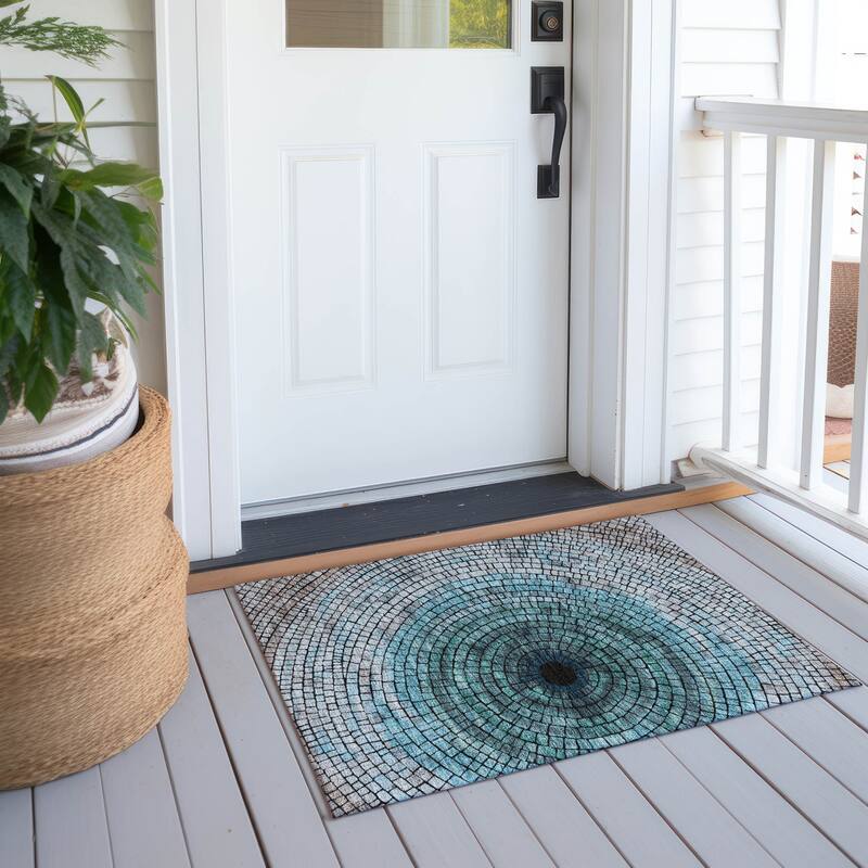 Machine Washable Indoor/ Outdoor Mosaic Rome Chantille Rug - Teal - 1'8" x 2'6"