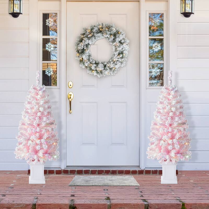 Glitzhome 4ft/5ft Pre-Lit Flocked Pink Artificial Christmas Porch Tree with Foot Pedal LED Lights