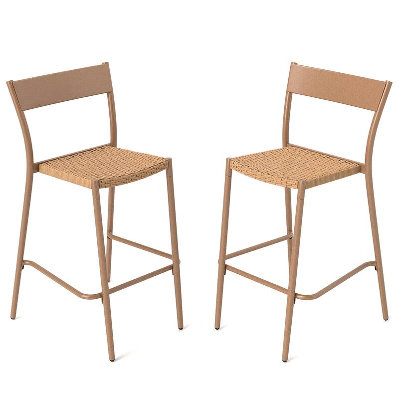 Gymax 2PCS Patio Barstools Outdoor Bar Height Chairs w/ Rattan Seat & - Bar Height - Brown - Set of 2