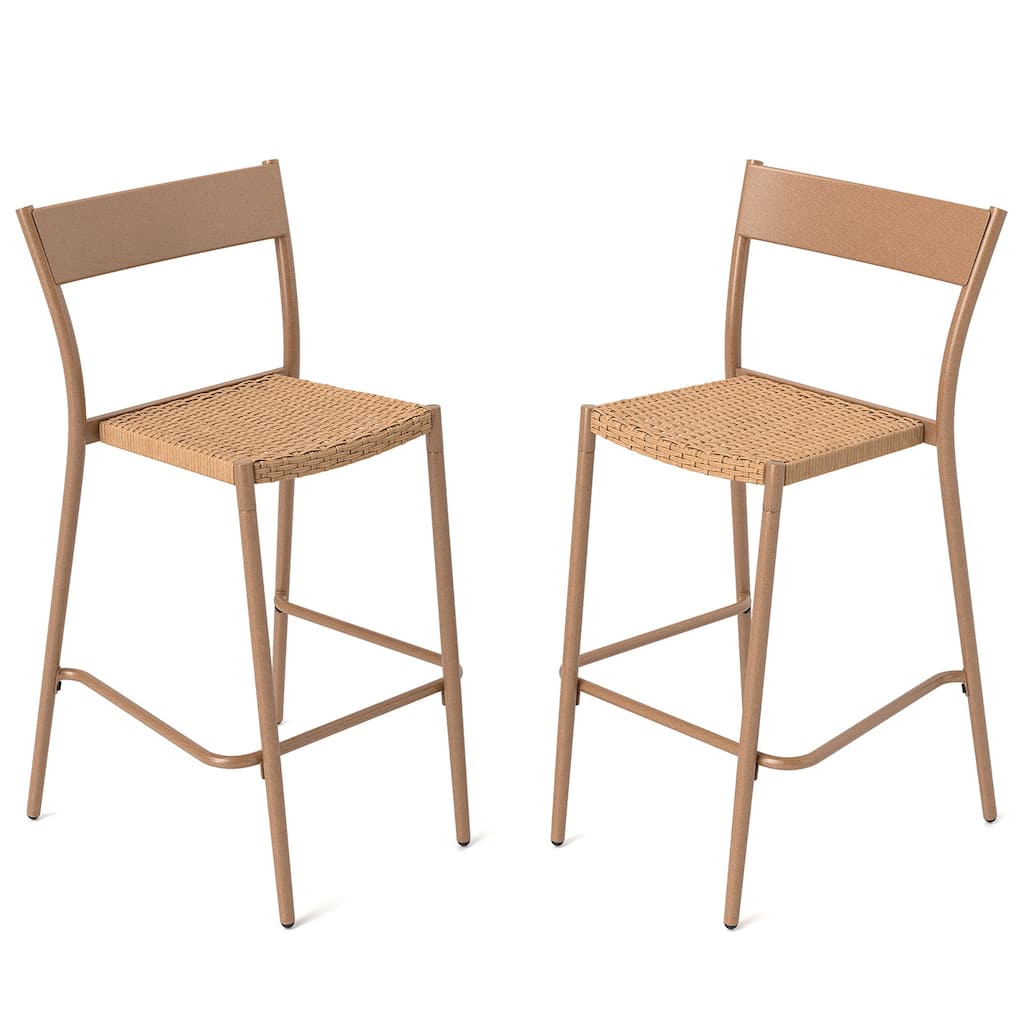 Gymax 2PCS Patio Barstools Outdoor Bar Height Chairs w/ Rattan Seat &