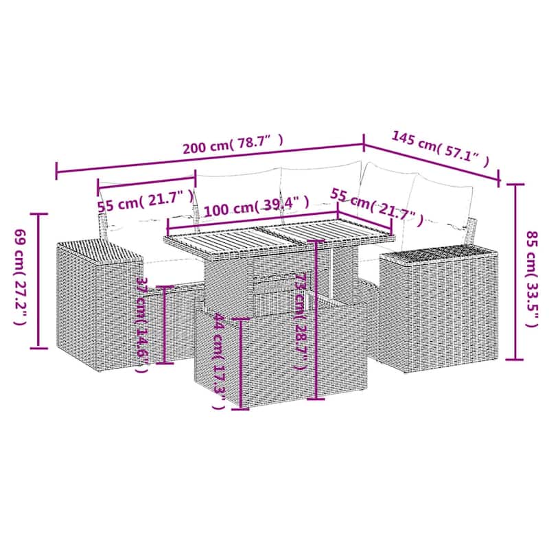 vidaXL Patio Sofa Set with Cushions Lounge Sofa Sections 5 Piece Poly Rattan - 21.7 x 39.4 x 28.7