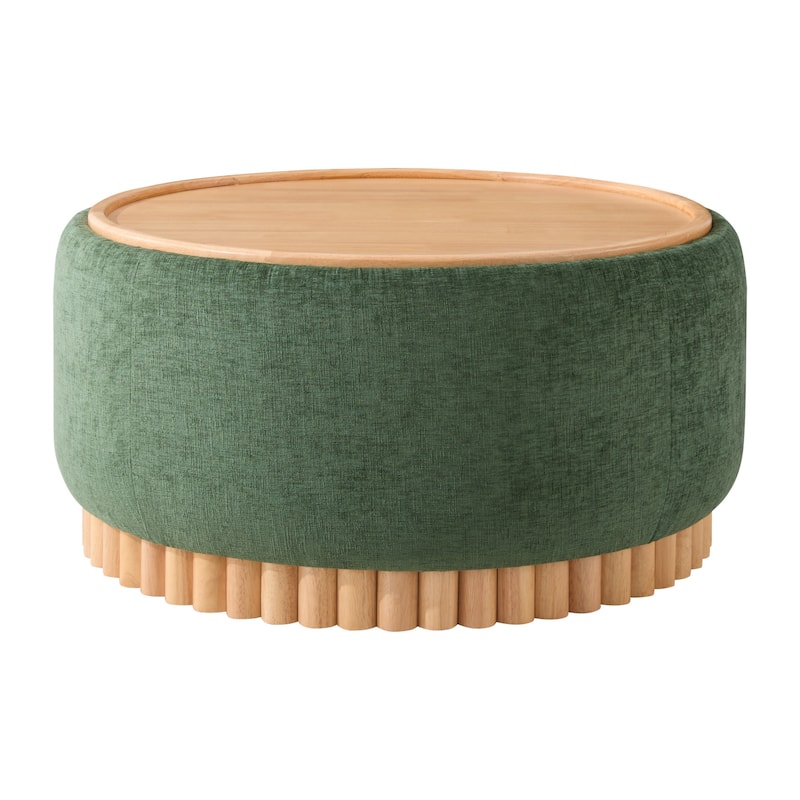 Roomfitters 29 Inch Round Storage Ottoman with Reversible Wooden Tray Top, Upholstered Coffee Table for Living Room