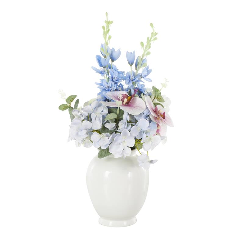 White Fabric Artificial Flower with Green Leaves and Round Ceramic Vase