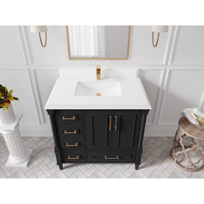 Willow Collections 36 in. W x 22 in. D Aberdeen Center Right Offset Sink Bathroom Vanity with Countertop - 1.5”White Quartz - Black