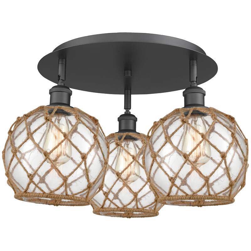 Innovations Lighting Endless Possibilities Ballston - Farmhouse Rope - 3 Light 20" Flush Mount - Clear Glass with Brown Rope/Matte Black