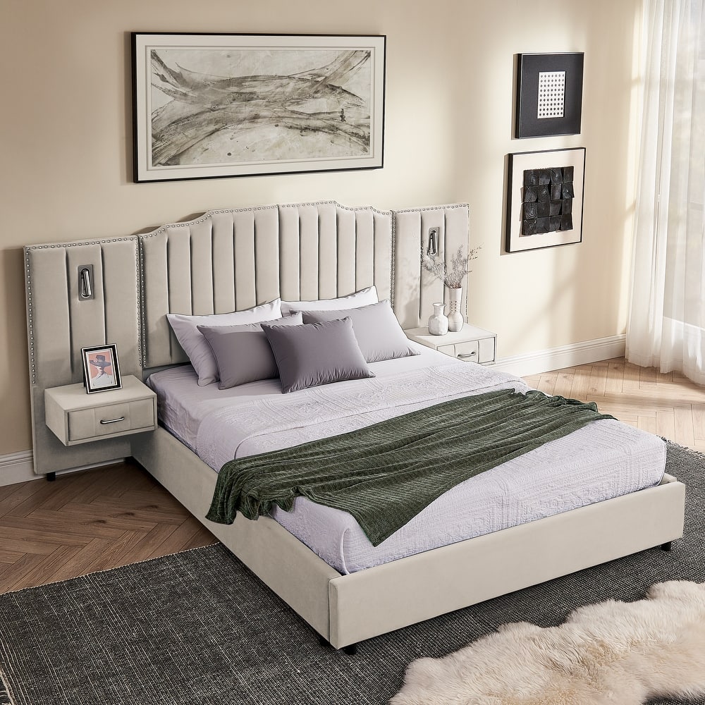 King/Queen Velvet Bed Frame with Vertical Stitch Headboard & Side Table