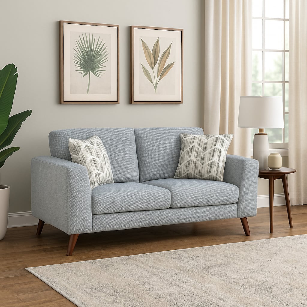 Ricca Loveseat with 2 Pillows, Blue Gray Chenille, Brown Legs, 64 Inch