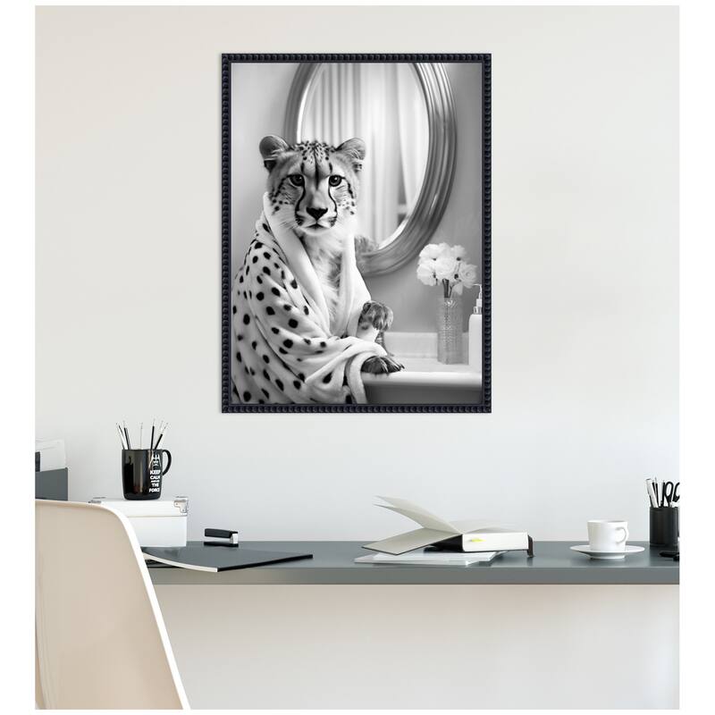 Kate and Laurel Sylvie Cheetah Glam Bathroom Towel Robe Black and White Framed Canvas by The Creative Bunch Studio