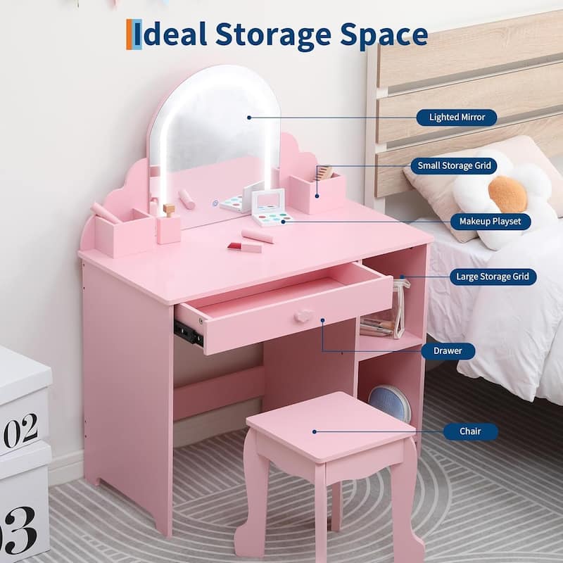 2 in 1 Kids Vanity Table & Stool with Lighted Mirror and Makeup Palyset