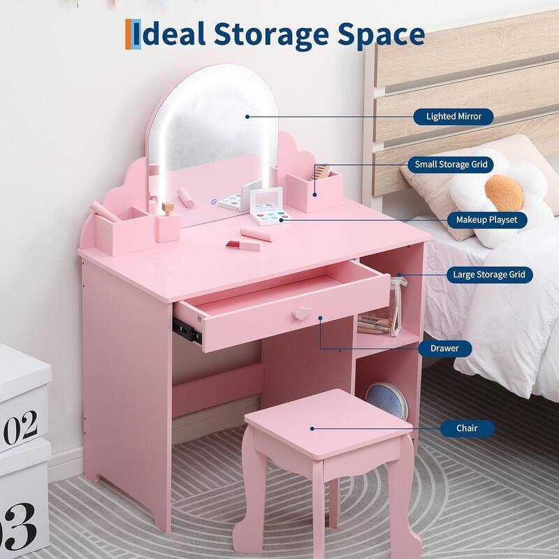2 in 1 Kids Vanity Table & Stool with Lighted Mirror