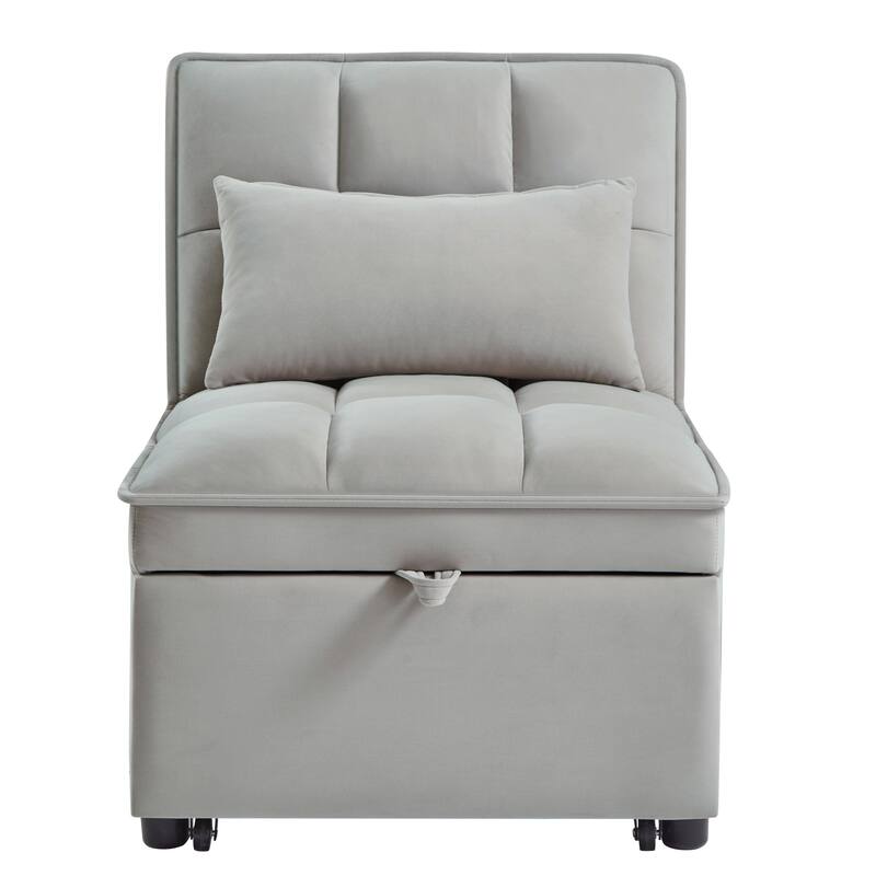 Velvet Multi-Function Chair Bed with Adjustable Backrest, Storage Pockets and Convertible Chaise Design