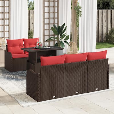 vidaXL 6 Garden Sofa Set with Cushions Black/Brown/Grey Poly Rattan - 69.3 x 24.4 x 27.2
