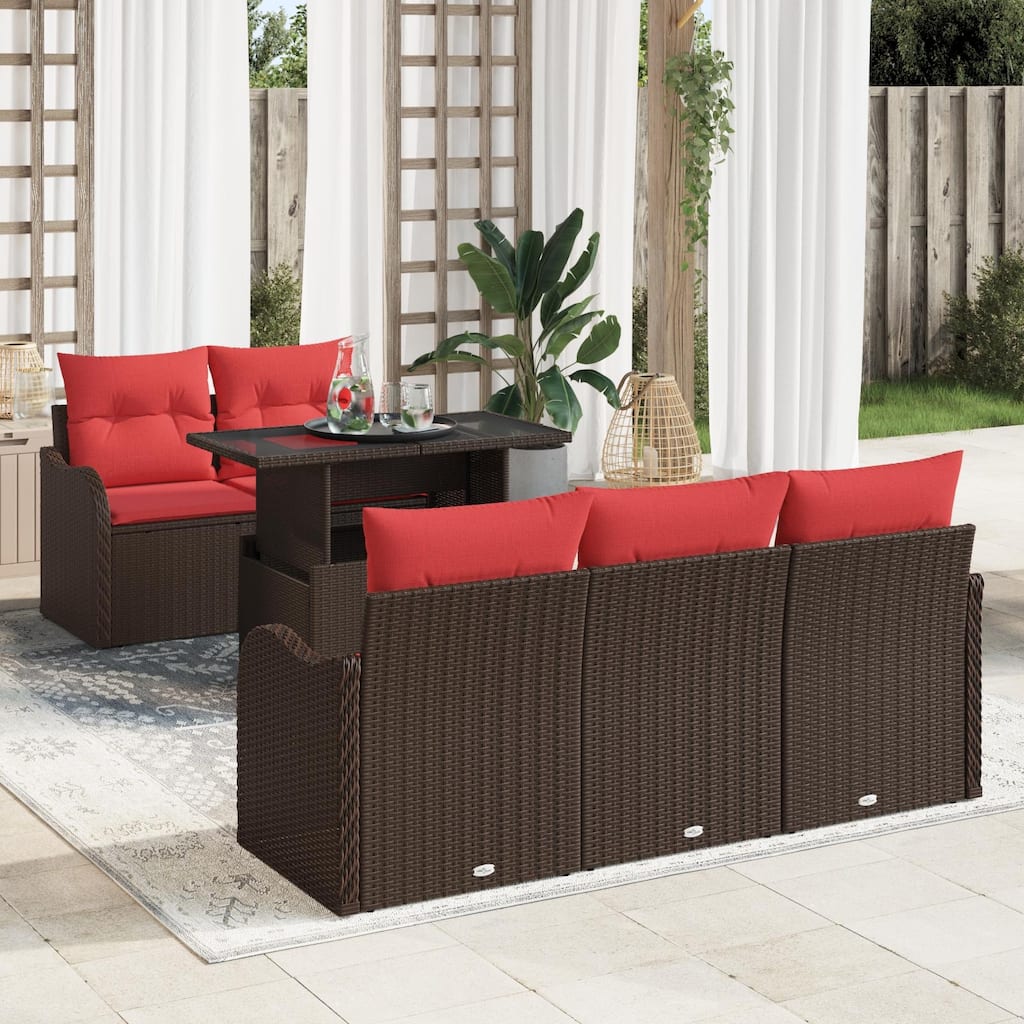 vidaXL 6 Garden Sofa Set with Cushions Black/Brown/Grey Poly Rattan - 69.3 x 24.4 x 27.2