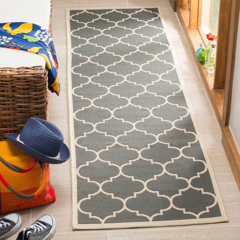 SAFAVIEH Courtyard Kathy Indoor/ Outdoor Waterproof Patio Backyard Rug - 2'3" x 10' Runner - Anthracite/Beige