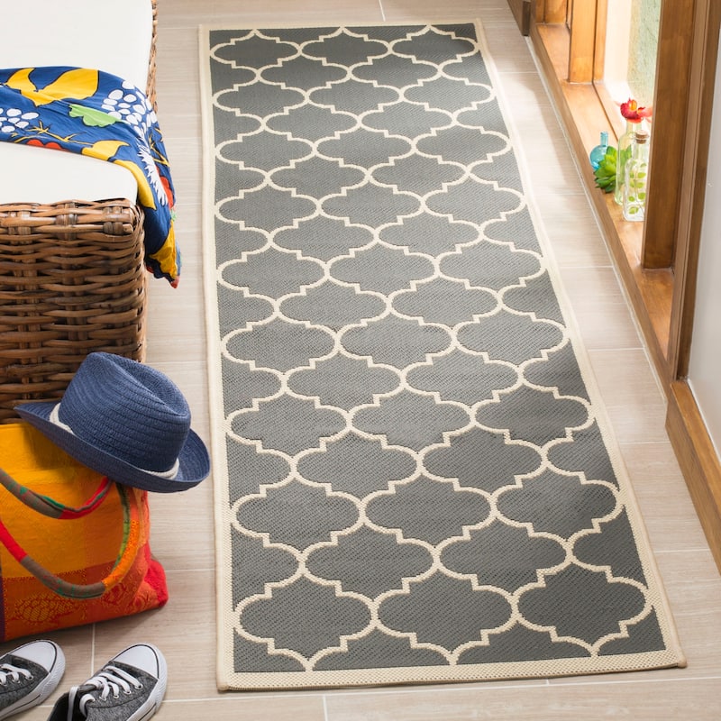 SAFAVIEH Courtyard Sibel Indoor /Outdoor Waterproof Patio Backyard Rug - 2'3" x 14' Runner - Anthracite/Beige