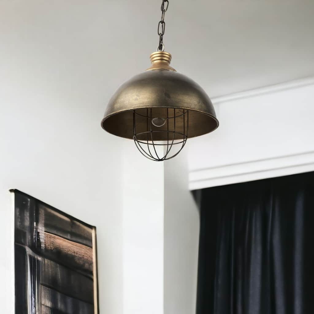 HomeRoots Distressed Bronze Metal Dome Hanging Light - 13' X '13.5' X '13