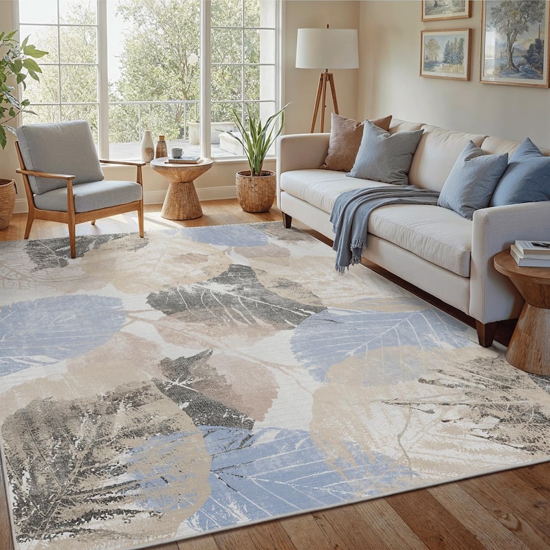 Mcow Leaf Collection Botanical Print Low-Pile Washable Area Rug - Blue - 8' x 10' - Rectangle