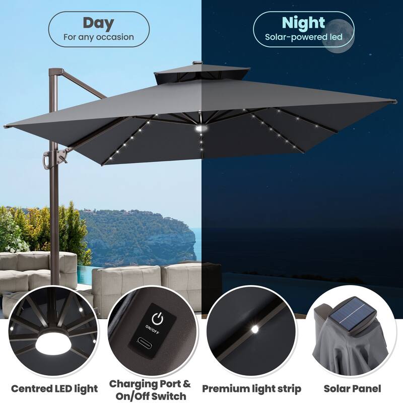 13 x 10 FT Double Top Solar powered LED Patio Cantilever Umbrella Aluminum with Base