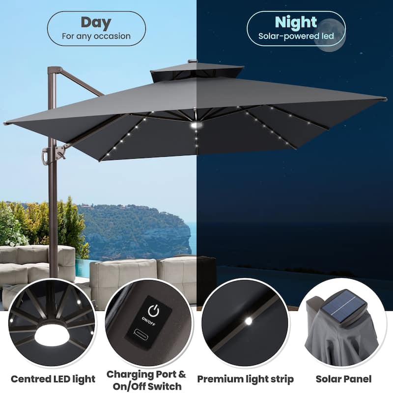 13 x 10 FT Outdoor Patio Cantilever LED Lighted Double Vented Umbrella with Base