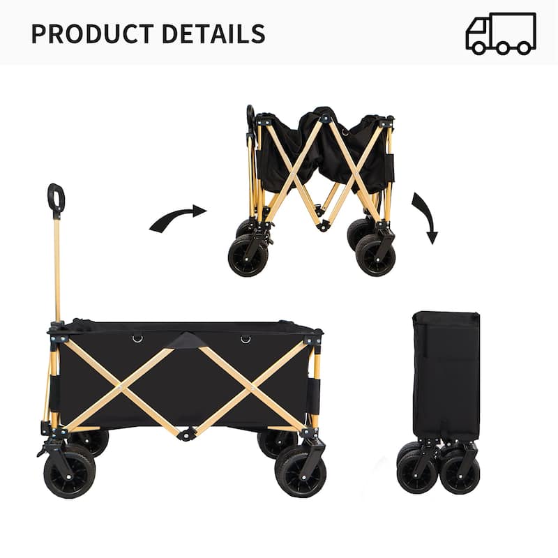 Folding Wagon, Heavy Duty Utility Beach Wagon Cart for Sand with Big Wheels, Adjustable Handle&Drink Holders