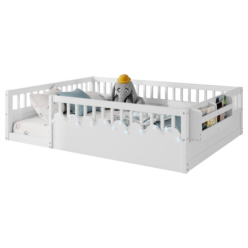 Montessori Floor Bed Frame with High Rails, Wood Toddler Floor Bedframe with Light and Headboard Storage Shelf for Kids Room
