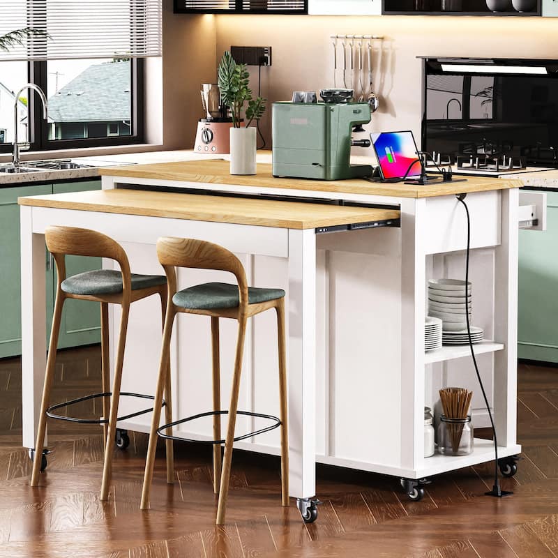 Modern Kitchen Island with Retractable Dining Table, Interior Storage Shelf, Power Socket, 2 Drawers and 2 Cabinets, for Kitchen
